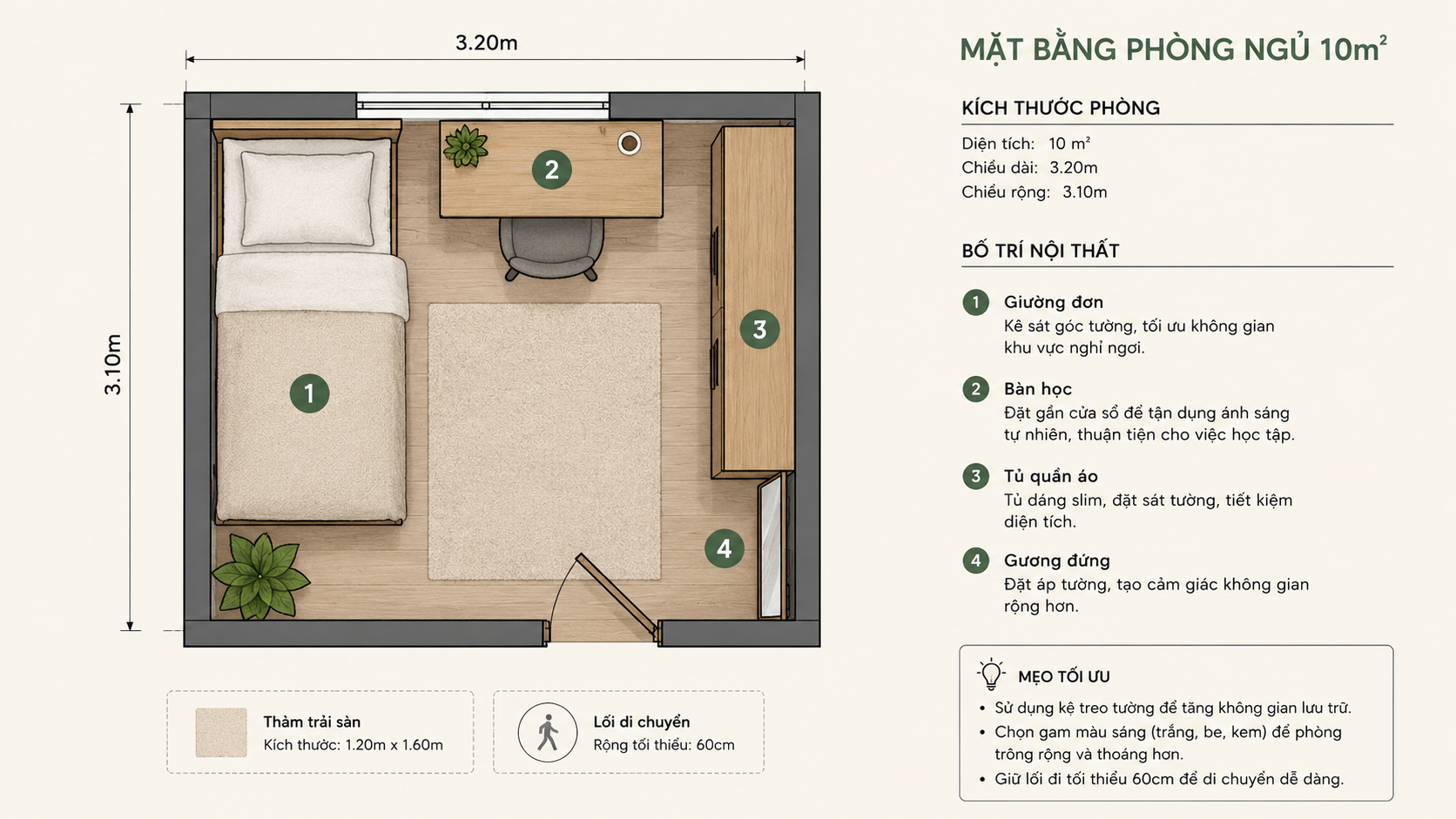 Sơ đồ bố trí nội thất phòng ngủ nhỏ 10m2 với giường bàn học tủ quần áo và gương đứng